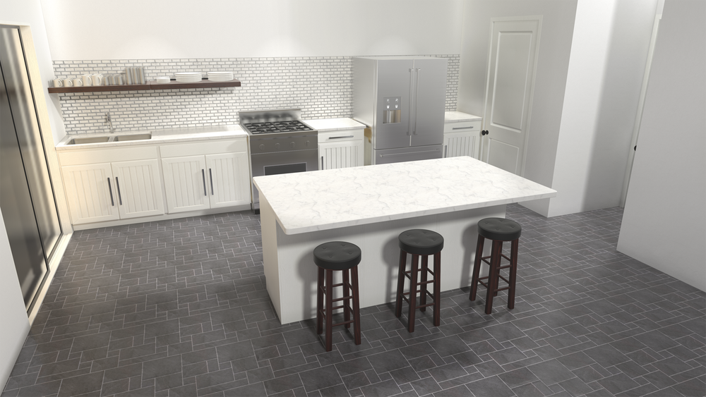 
                  
                    A white island with a marble countertop supported by Hidden Island Support Brackets with three dark brown barstools on a grey tile floor in a white theme kitchen.
                  
                