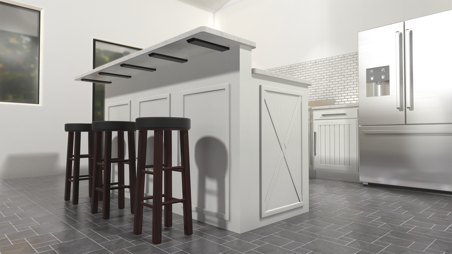 A white kitchen island with a countertop overhang supported by 5 Knee Wall countertop Support Brackets with three dark brown bar stools on a gray tiled floor.
