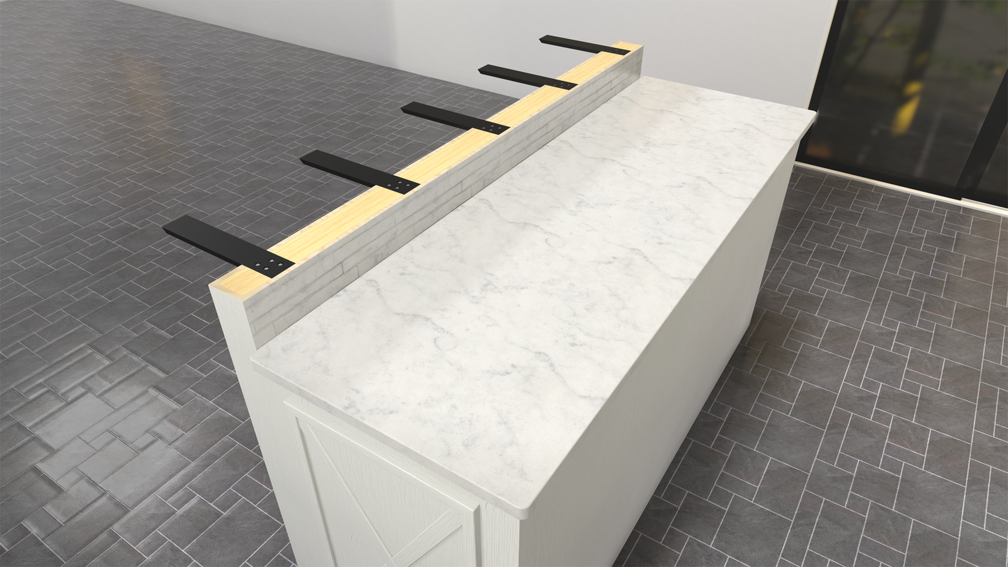 
                  
                    A top-down view of a white marble kitchen island with an unfinished overhang showcasing 5 Knee Wall Countertop Support Brackets.
                  
                