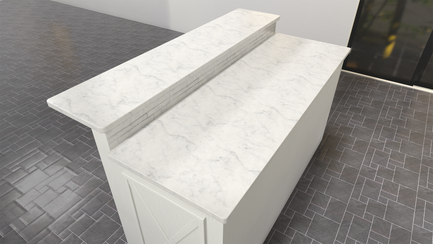 
                  
                    A top-down view of a white marble kitchen island with a countertop overhang on a gray tile floor.
                  
                