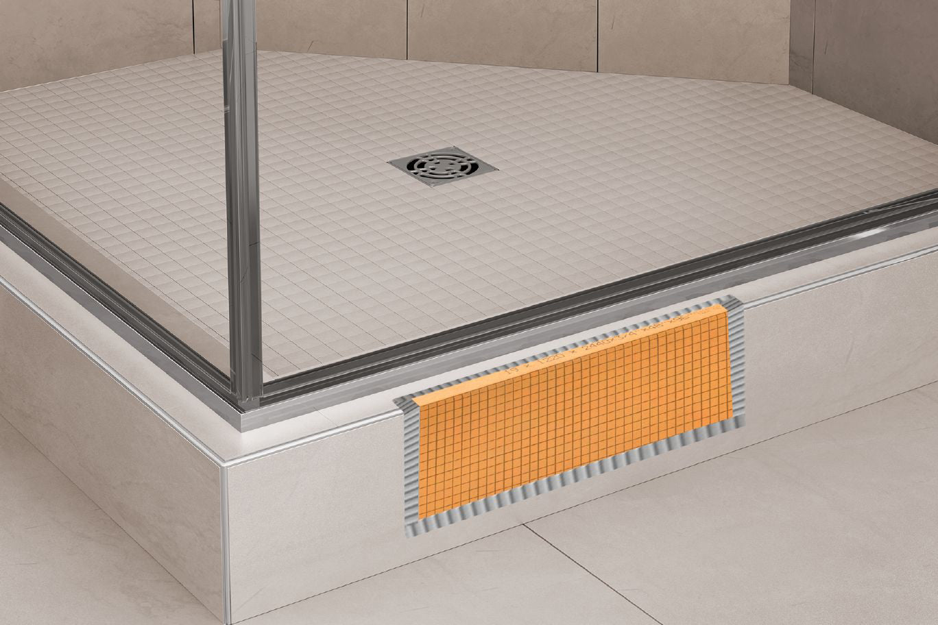 A standing shower using Schluter Kerdi Board Waterproof Shower Curb.