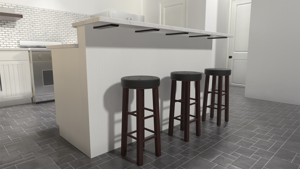 
                  
                    3 brown barstools on a grey tile floor underneath a kitchen island overhang supported by The Original Granite Bracket’s L Bracket Countertop Support.
                  
                