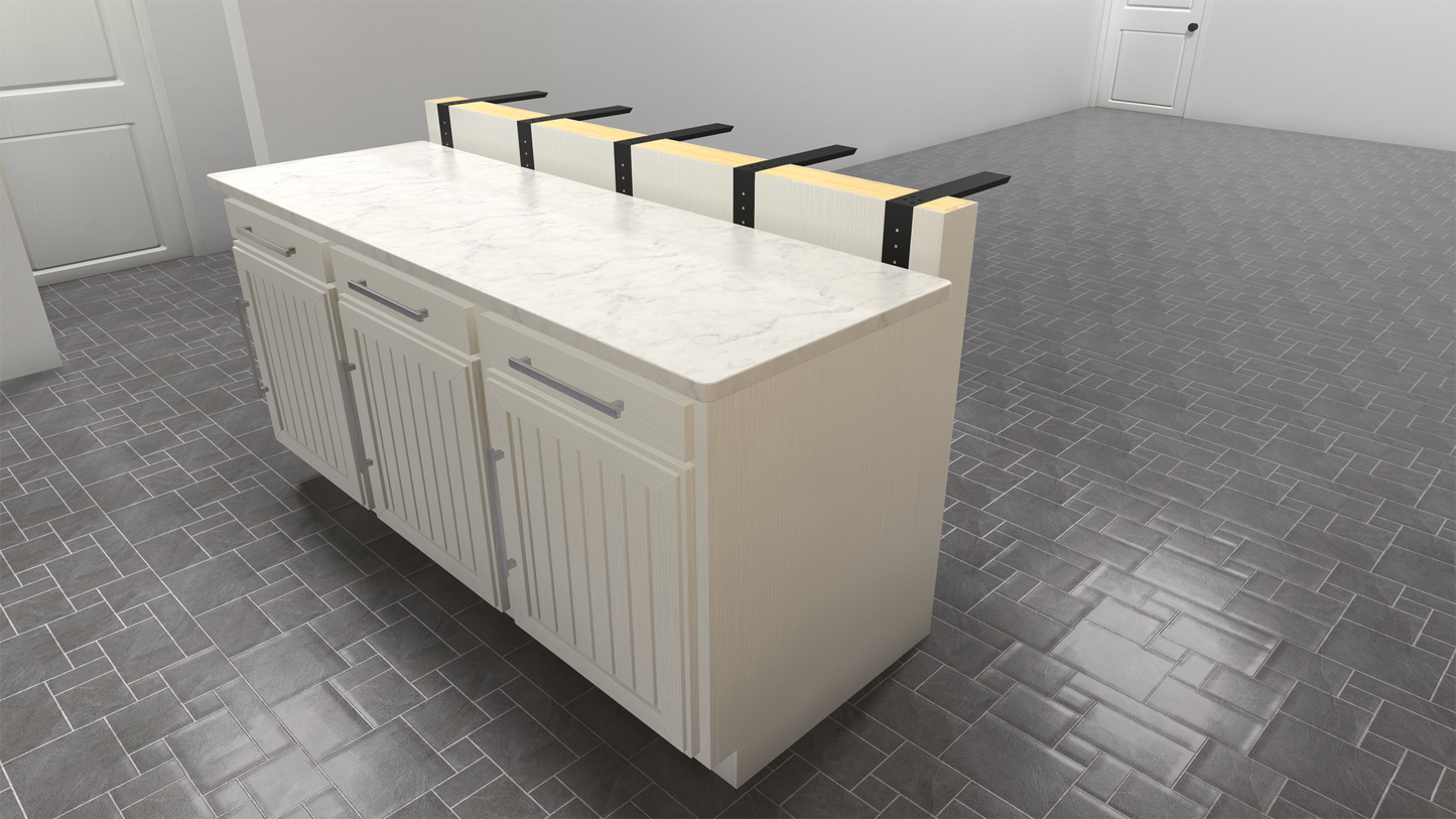 
                  
                    A left angle of a white kitchen island with a marble countertop and a 3-door cabinet showing 5 Black L Countertop Support Brackets on top.
                  
                