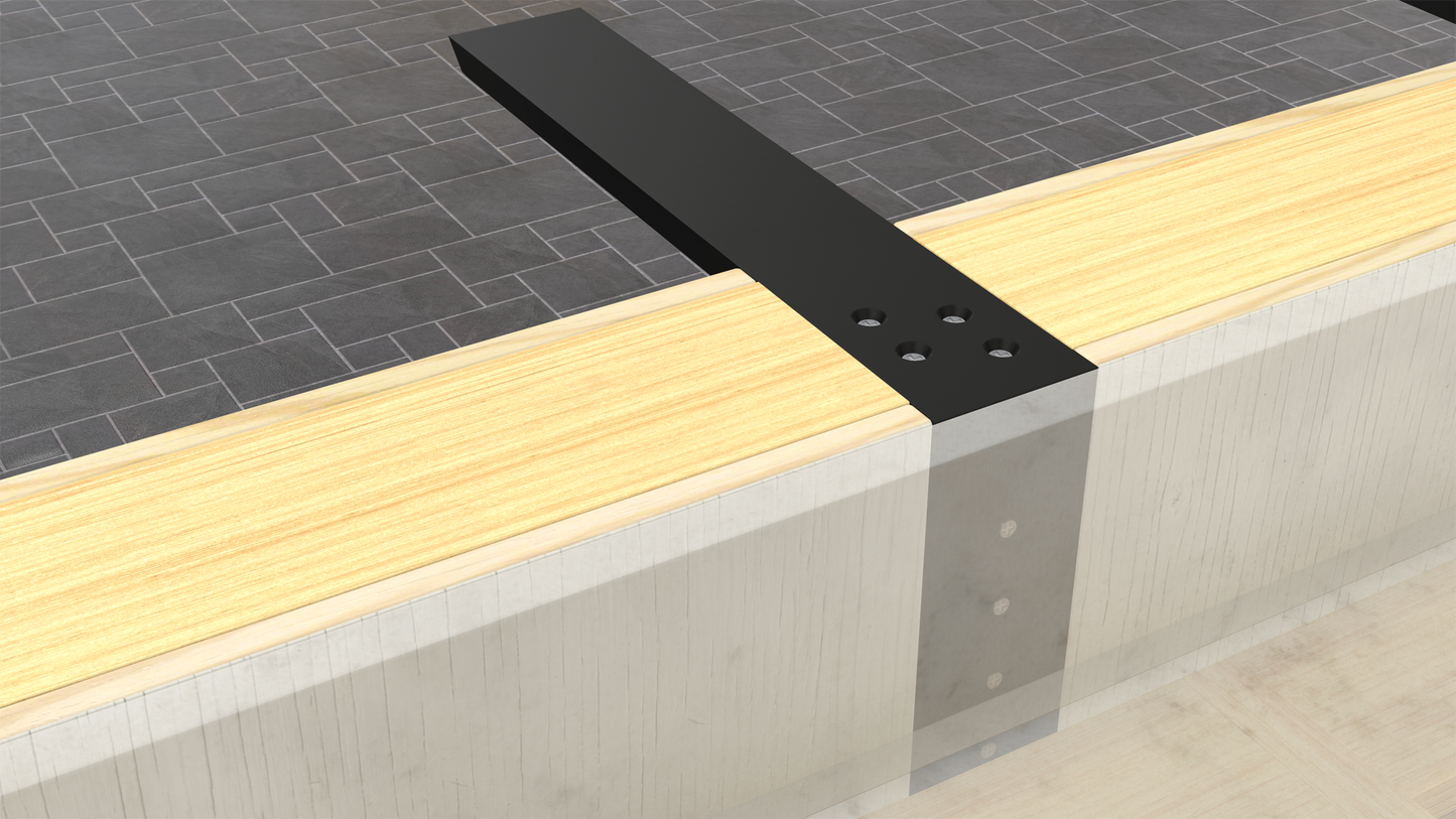 
                  
                    A close-up view of The Original Granite Bracket’s L Bracket Countertop Support attached to a wood base.
                  
                
