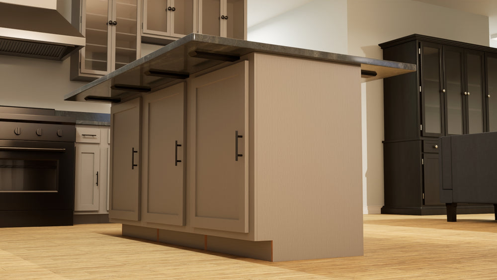 
                  
                     A beige 3-door cabinet island with a countertop attached by four Double Sided Island Support Brackets with a black stove and black cabinets in the background.
                  
                