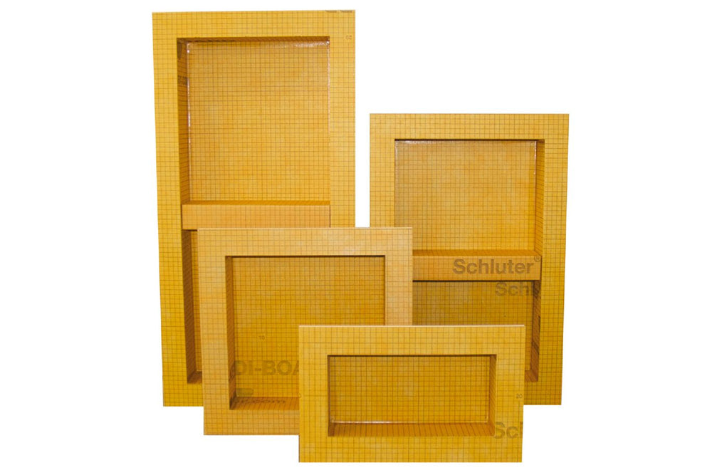  4 Schluter Kerdi Board Shower Niche in sizes ranging from extra large to small.
