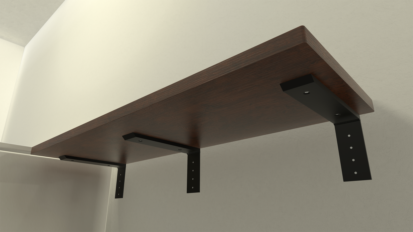 
                  
                    Underview of a dark brown wooden shelf held in place by three Regular Wood Shelf Brackets against a white wall.
                  
                