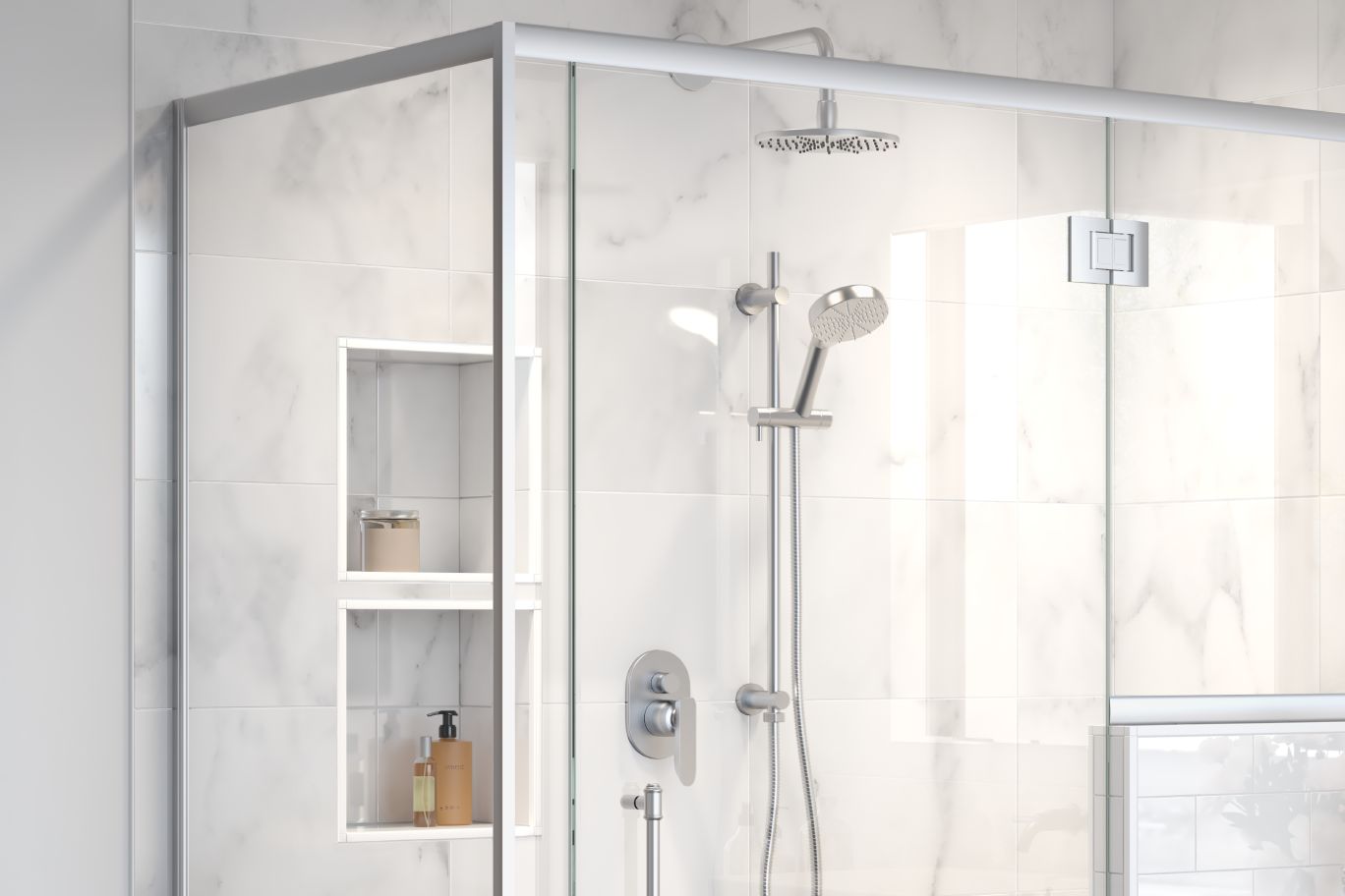 A standing shower with a two small shower niches stacked on top of each other holding body scrub, shampoo and conditioner.