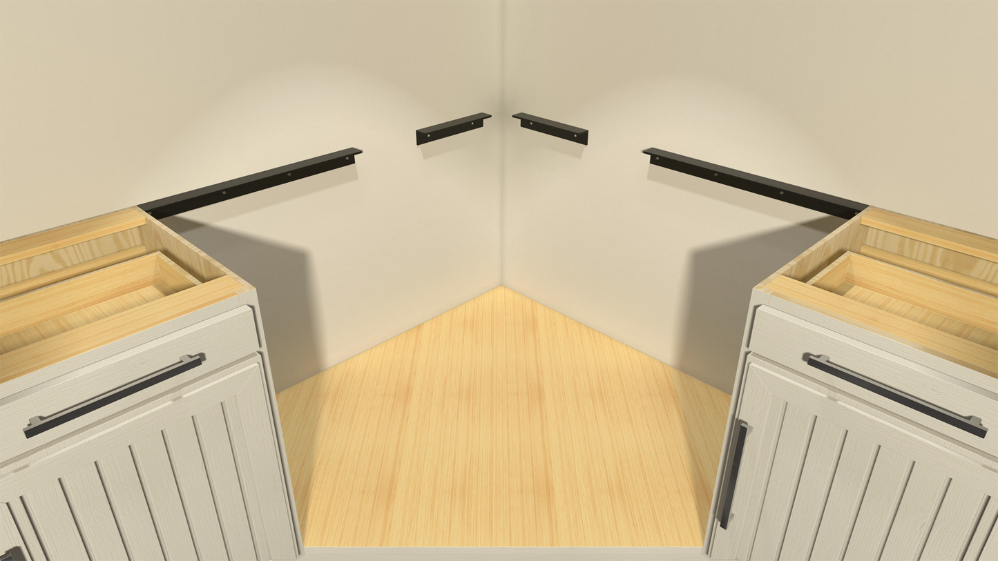 Four Black wall cleats attached to the corner of a beige wall next two white cabinets.